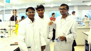 Year 11 students (from left) Nurul Hakim, Mohammed Salim and Shamshudduha Shameem, Chemistry laboratory, The University of Queensland, 25th May 2013.